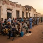 Une foule de personnes attend devant l'entrée de l'Hôpital Régional de Dakar sous une lumière de fin de journée.