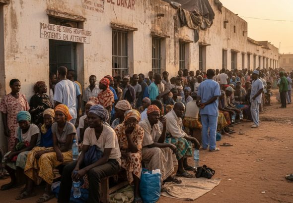 Une foule de personnes attend devant l'entrée de l'Hôpital Régional de Dakar sous une lumière de fin de journée.